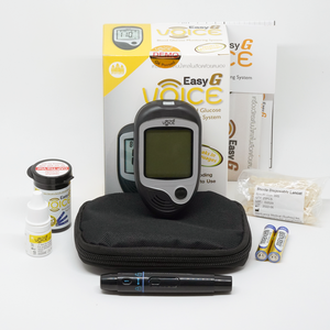 เครื่องวัดระดับน้ำตาลในเลือดด้วยตนเอง Easy G Voice พร้อมแผ่นวัด และเข็มเจาะเลือดอย่างละ 25 ชิ้น